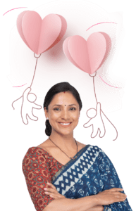 A woman with heart-shaped balloons which are floating